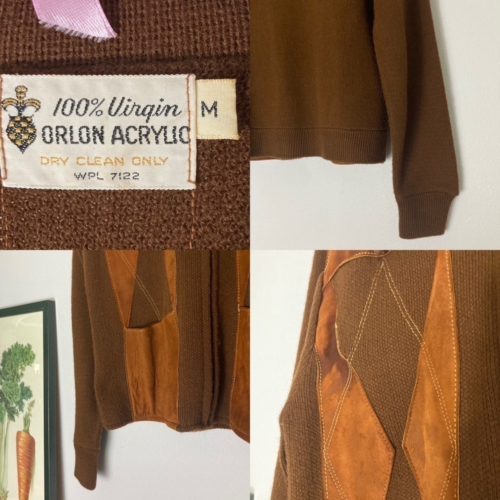 Vintage brown diamond virgin Orlon acrylic zip up cardigan size M - Picture 13 of 16